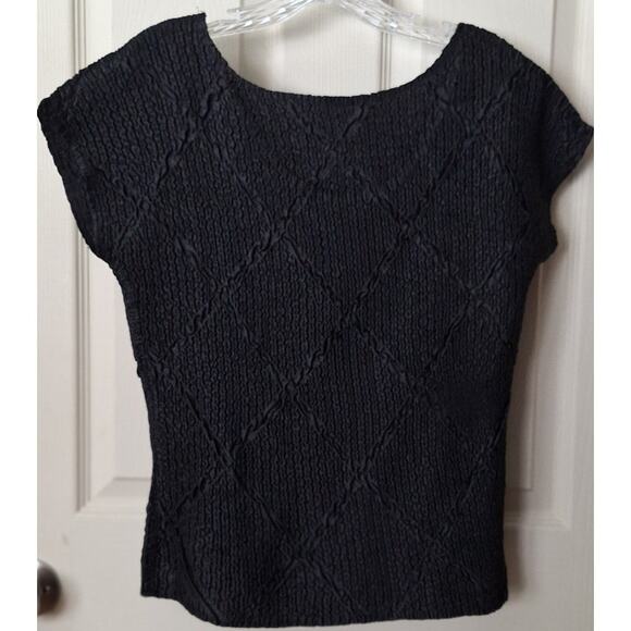Elastic Crepe Textured short sleeves Black Top Rhombus Argyle M Goth Whimsygoth - Picture 4 of 6